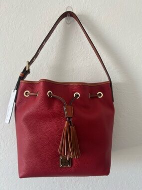 Dooney & Bourke Red Pebbled Leather Drawstring Hobo with Tan Tassels
